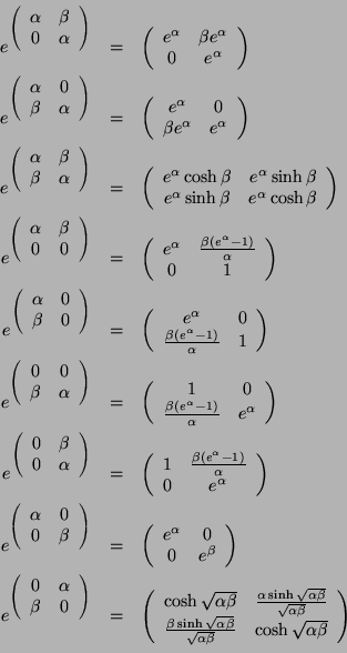 \begin{eqnarray*}e^{\left(\begin{array}{cc} \alpha & \beta \\ 0 & \alpha \end{ar...
...t{\alpha\beta}} & \cosh\sqrt{\alpha\beta} \end{array}\right) \\
\end{eqnarray*}